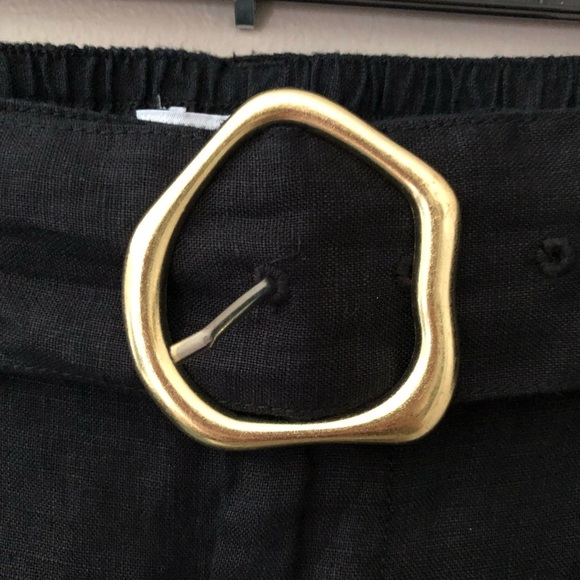 HALSTON Classic 100% Linen Washable Black Pants Belt Gold Buckle & Elastic Waist - Picture 6 of 12